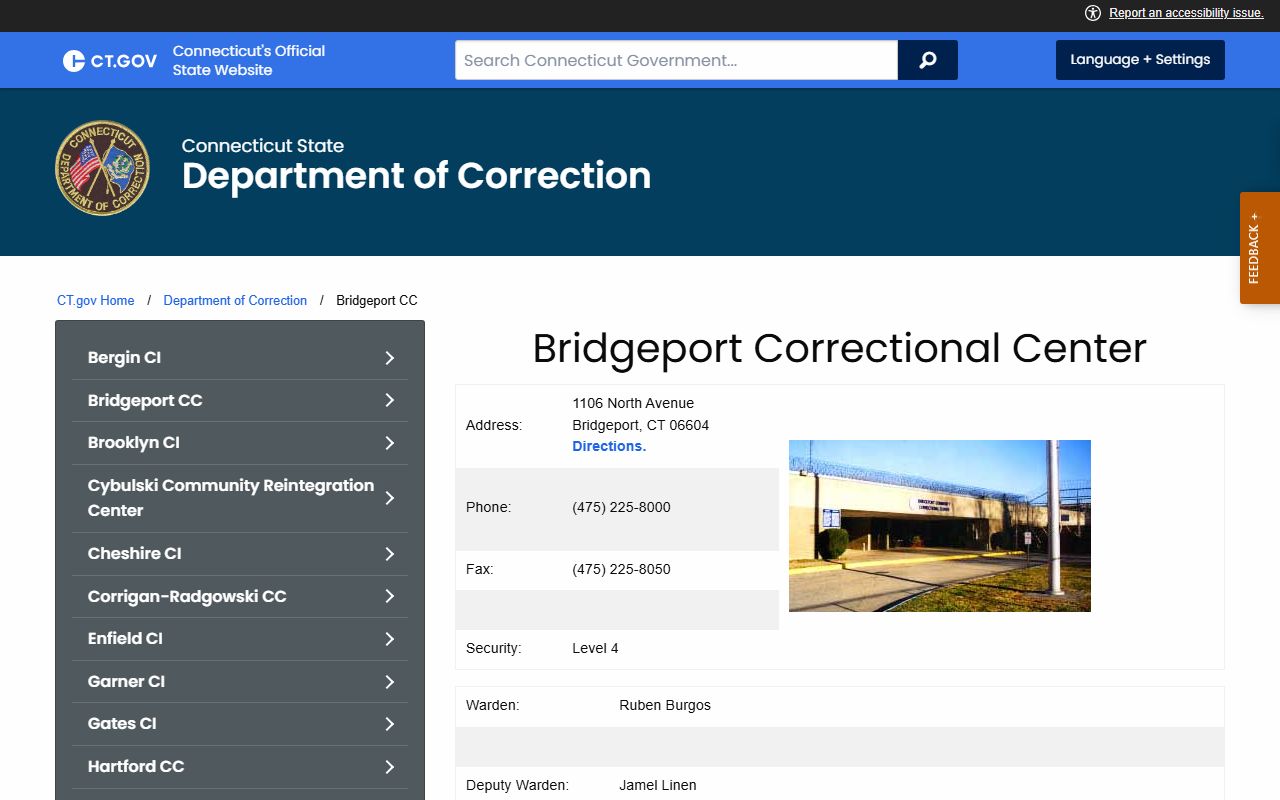 Bridgeport Correctional Center building in Fairfield County
