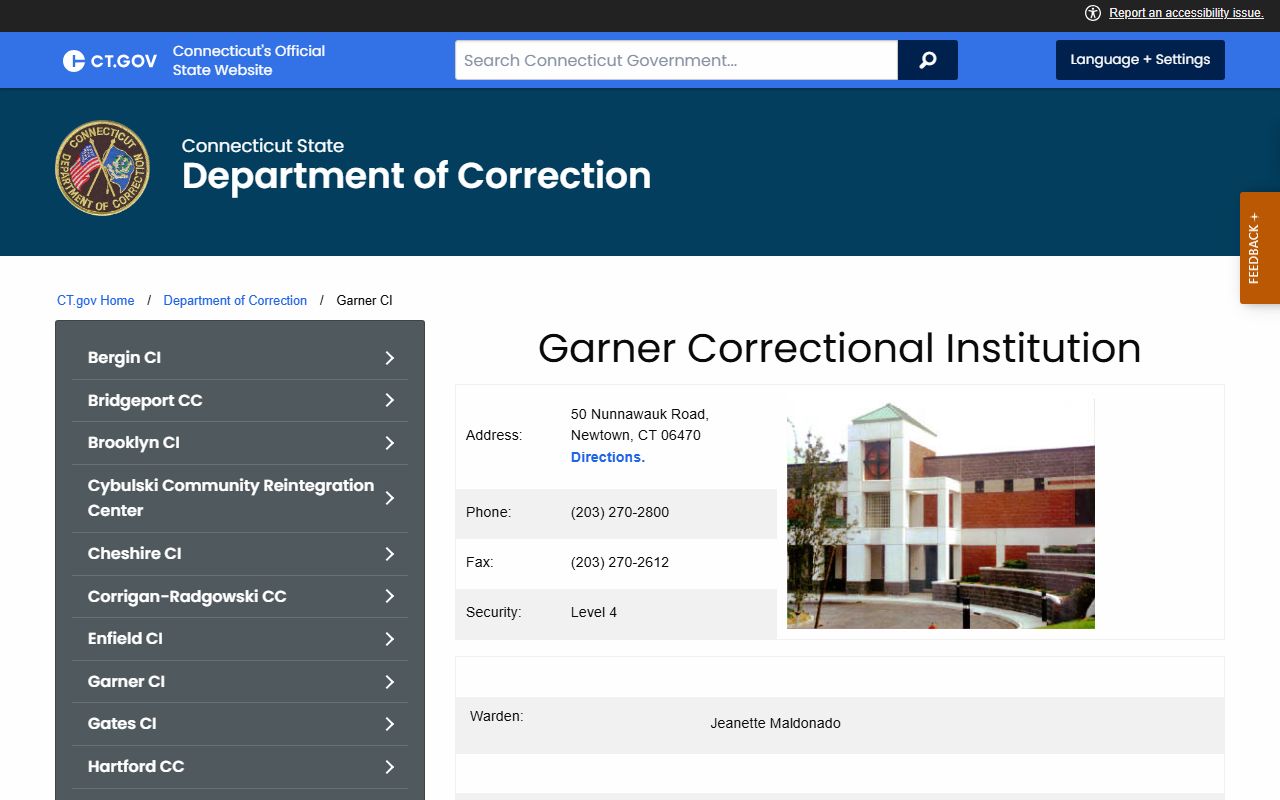 Garner Correctional Institution building in Newtown Fairfield County