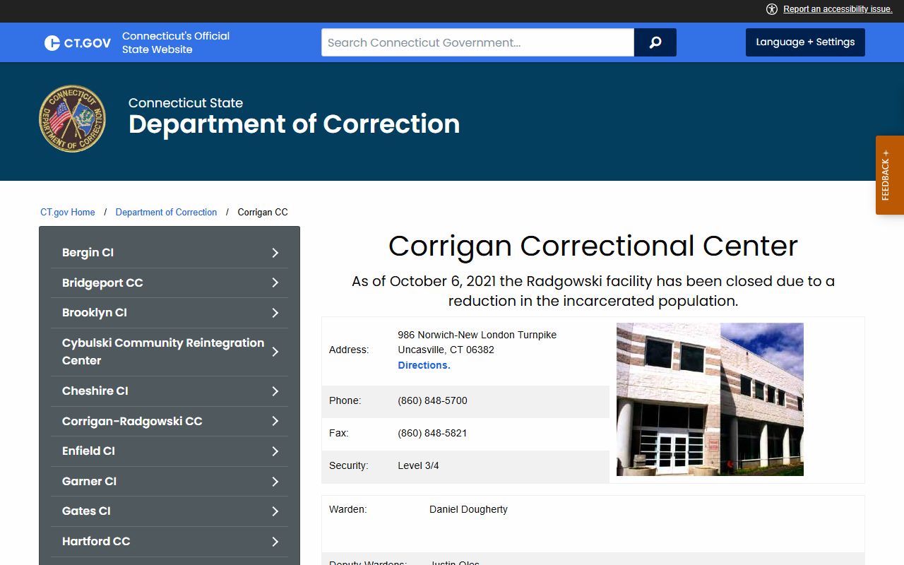 Corrigan-Radgowski Correctional Center building in New London County