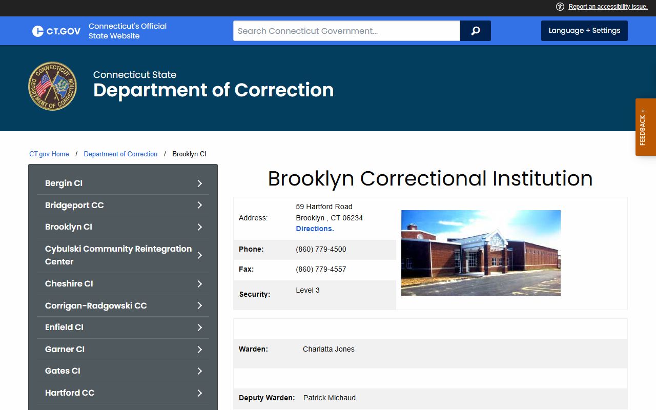 Brooklyn Correctional Institution facility in Windham County Connecticut