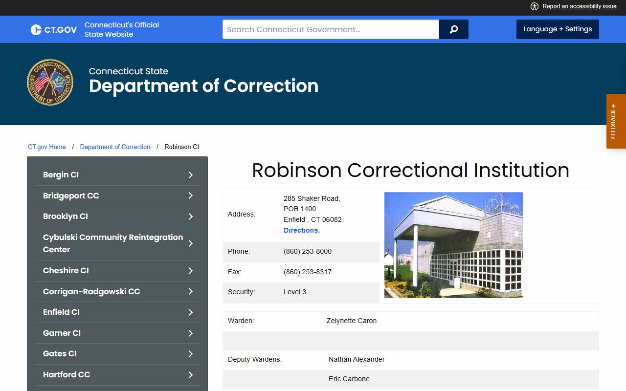 Robinson Correctional Institution facility building near New Britain