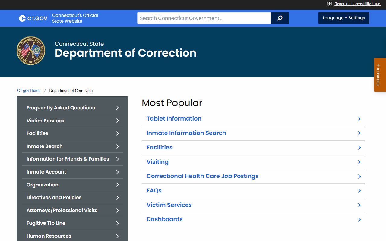 Connecticut Department of Correction website homepage