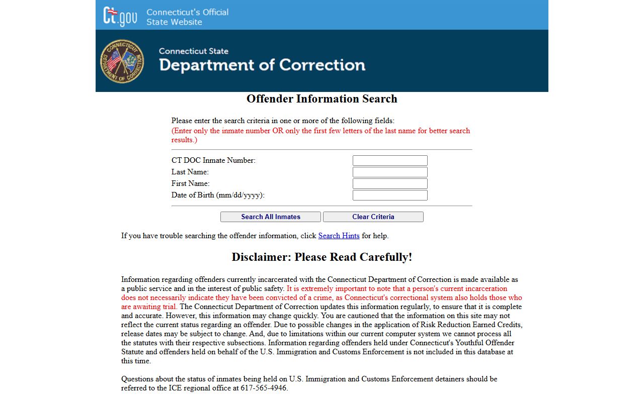 CT DOC Inmate Information Search page